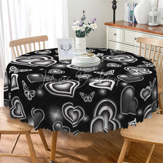 Lofaris Black Neon Heart Butterfly Round Tablecloth Modern Glowing Love Table Cover for Party