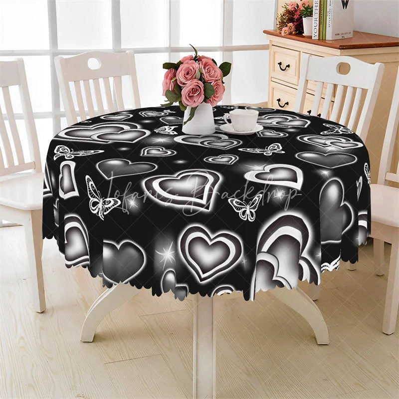 Lofaris Black Neon Heart Butterfly Round Tablecloth Modern Glowing Love Table Cover for Party