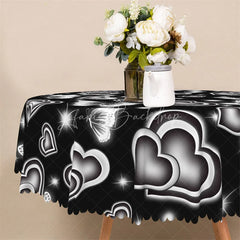 Lofaris Black Neon Heart Butterfly Round Tablecloth Silver Glowing Love Pattern Table Cover for Party