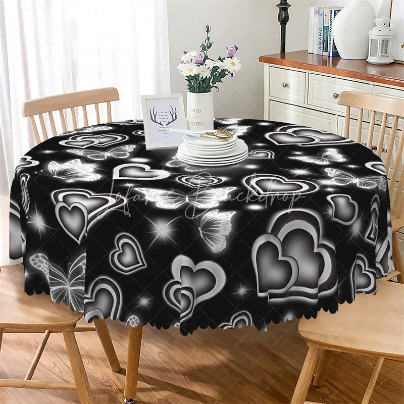 Lofaris Black Neon Heart Butterfly Round Tablecloth Silver Glowing Love Pattern Table Cover for Party