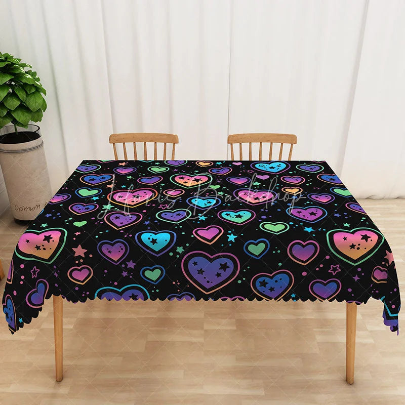 Lofaris Black Neon Heart Rectangle Tablecloth Colorful Glowing Star Love Table Cover Modern Valentine Party Decor