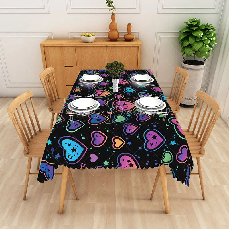 Lofaris Black Neon Heart Rectangle Tablecloth Colorful Glowing Star Love Table Cover Modern Valentine Party Decor