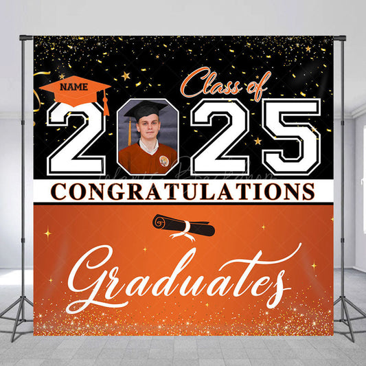Lofaris Black Orange Custom Name Photo Graduation Backdrop