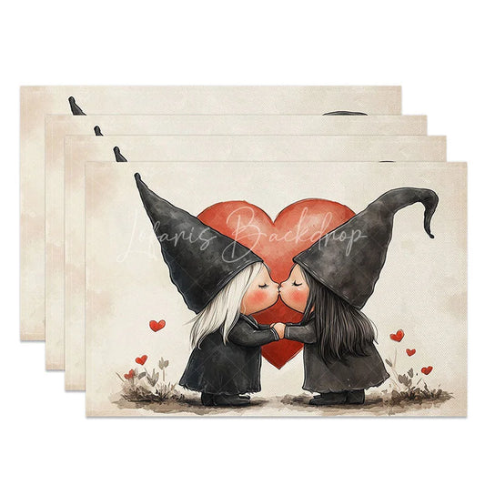 Lofaris Black Outfit Kissing Gnomes Set of 4 Placemats Red Heart Valentine Decoration Romantic Love Table Mat