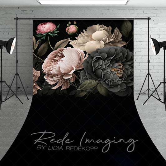 Lofaris Black Pink Spring Florals Leaves Sweep Photo Backdrop