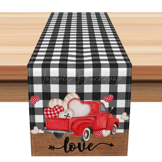 Lofaris Black Plaid Red Truck Valentines Day Table Runner
