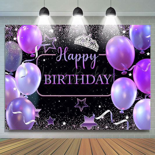 Lofaris Black Purple Balloons Crown Happy Birthday Backdrop