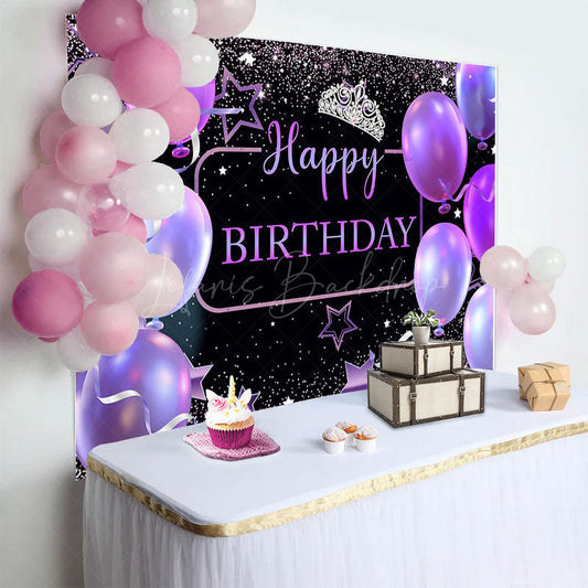 Lofaris Black Purple Balloons Crown Happy Birthday Backdrop