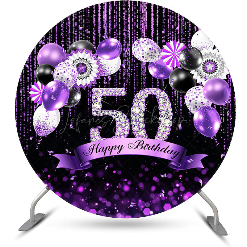 Lofaris Black Purple Glitter Bokeh Round Birthday Backdrop