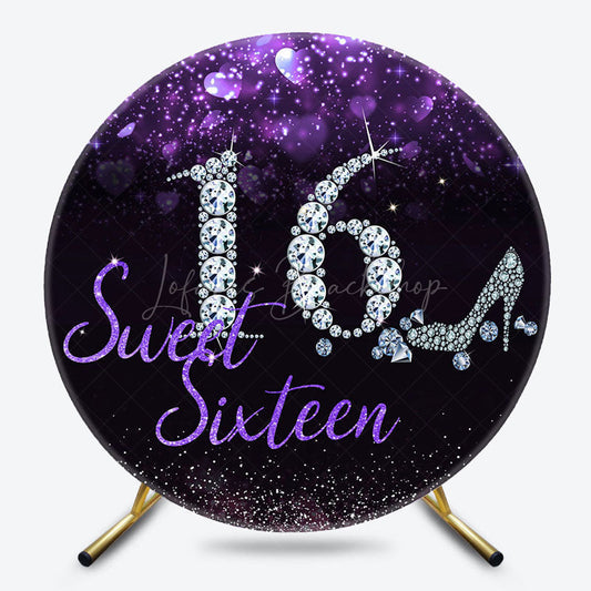 Lofaris Black Purple Glitter Sweet 16 Round Birthday Backdrop