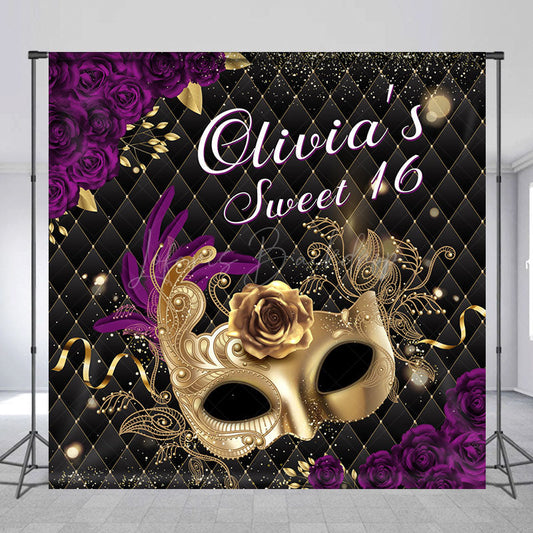 Lofaris Black Purple Rose Masquerade Custom Sweet 16 Backdrop