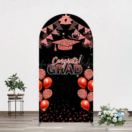 Lofaris Black Red Glitter Balloon Congrats Grad Arch Backdrop
