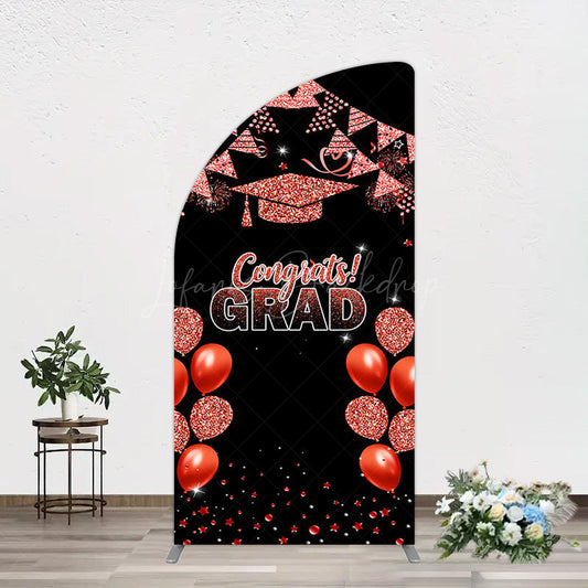 Lofaris Black Red Glitter Balloon Congrats Grad Half Moon Arch Backdrop