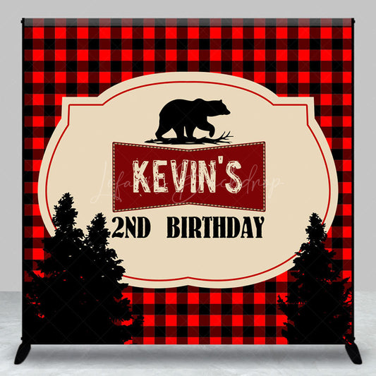 Lofaris Black Red Plaid Bear Custom 2nd Birthday Backdrop