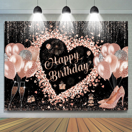 Lofaris Black Rose Gold Balloons Happy Birthday Backdrop