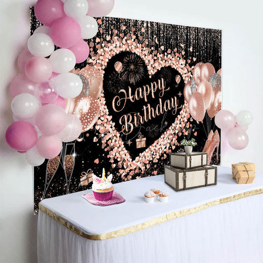 Lofaris Black Rose Gold Balloons Happy Birthday Backdrop