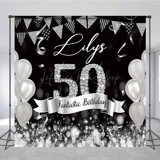 Lofaris Black Silver Balloon Flags Custom Birthday Backdrop