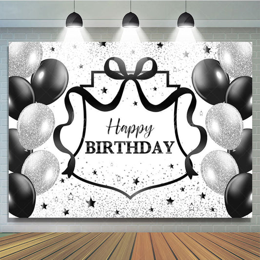 Lofaris Black Silver Balloons Glitter Happy Birthday Backdrop