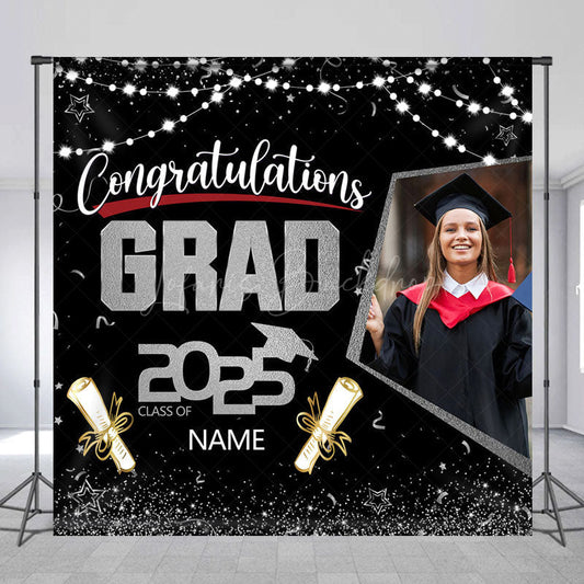 Lofaris Black Silver Custom Name Photo Congrats Grad Backdrop