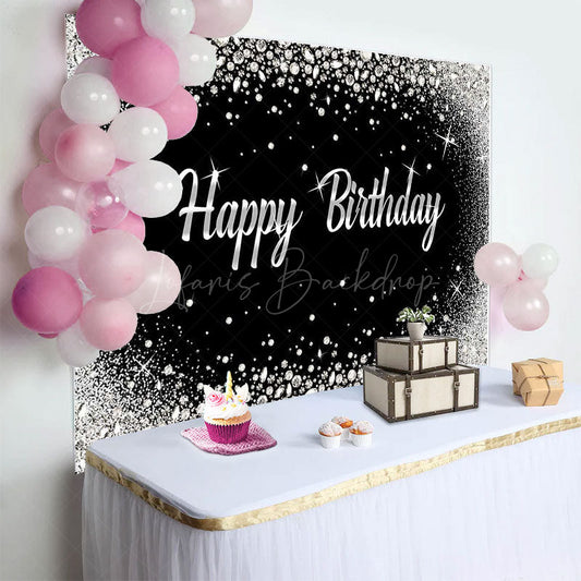 Lofaris Black Silver Diamonds Sparkle Happy Birthday Backdrop