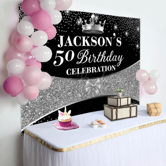 Lofaris Black Silver Glitter Crown 50th Birthday Backdrop