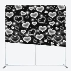 Lofaris Black Silver Heart Tension Fabric Backdrop Y2K Glowing Love Pattern Decoration Retro 2000s Background