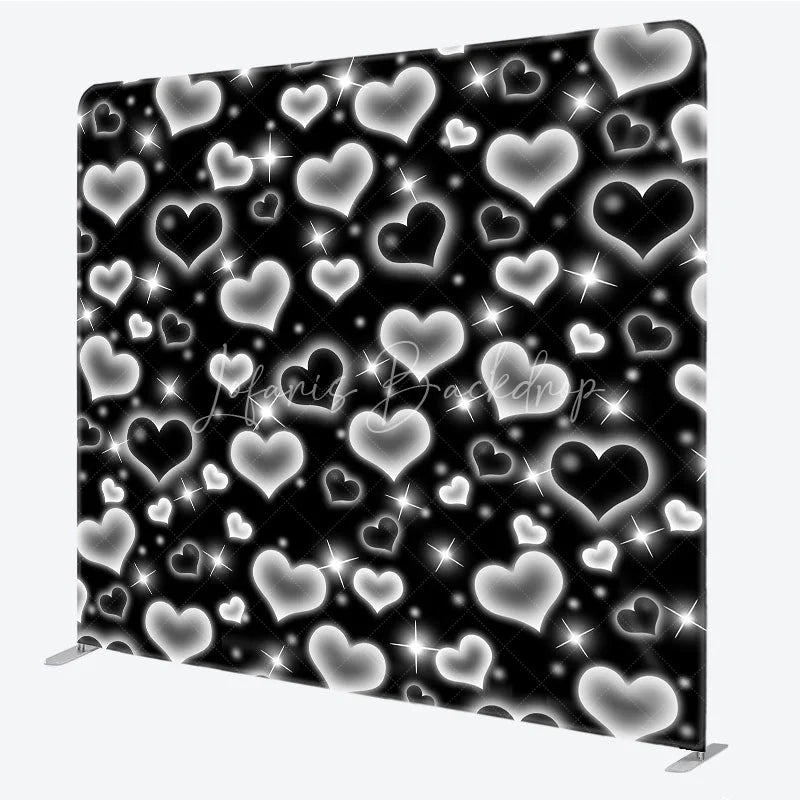Lofaris Black Silver Heart Tension Fabric Backdrop Y2K Glowing Love Pattern Decoration Retro 2000s Background