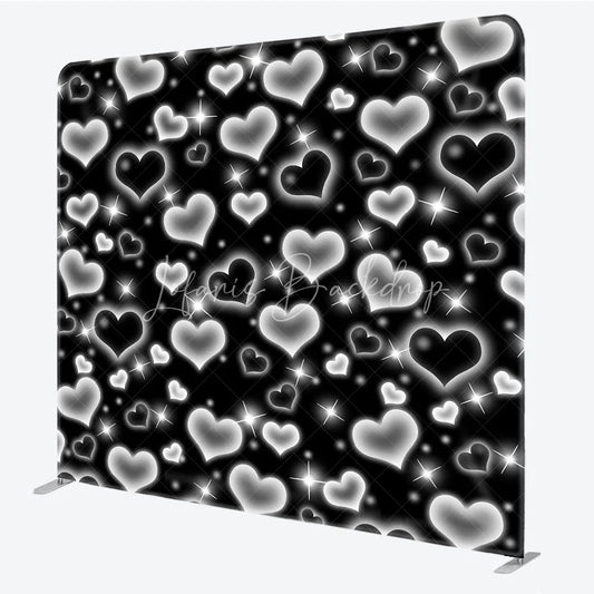 Lofaris Black Silver Heart Tension Fabric Backdrop Y2K Glowing Love Pattern Decoration Retro 2000s Background