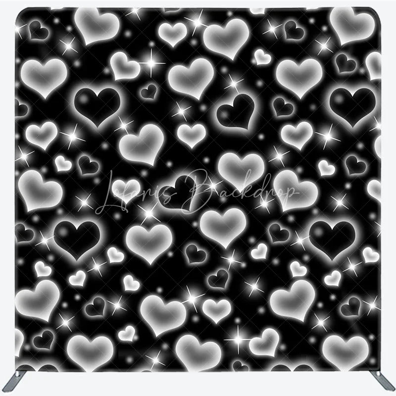 Lofaris Black Silver Heart Tension Fabric Backdrop Y2K Glowing Love Pattern Decoration Retro 2000s Background
