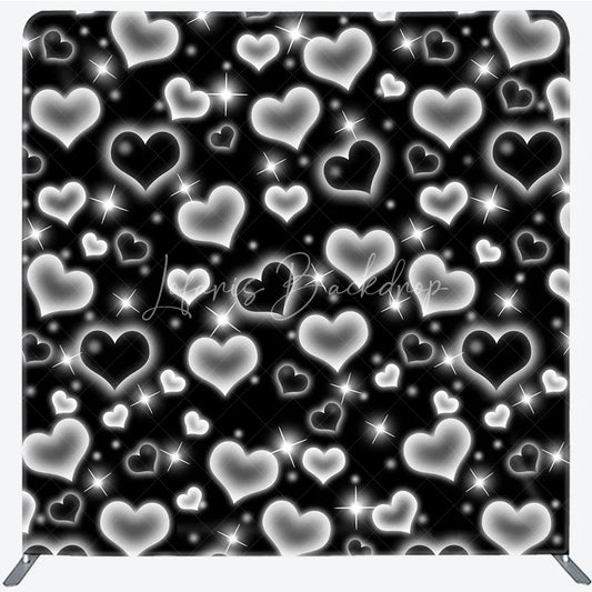 Lofaris Black Silver Heart Tension Fabric Backdrop Y2K Glowing Love Pattern Decoration Retro 2000s Background