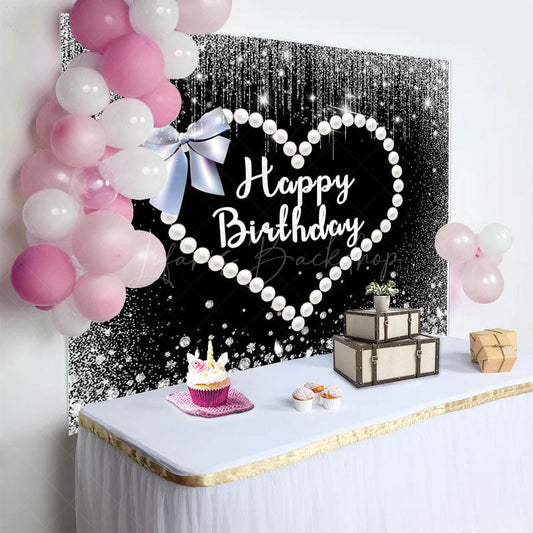 Lofaris Black Silver Pearls Heart Bow Birthday Backdrop