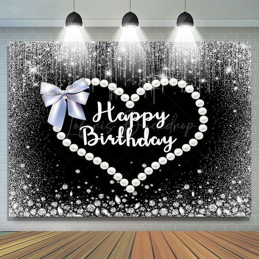 Lofaris Black Silver Pearls Heart Bow Birthday Backdrop