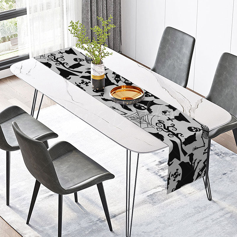 Lofaris Black Skeleton and Witch Halloween Table Runner Spooky Gothic Dining Decor Haunted House Party Decoration