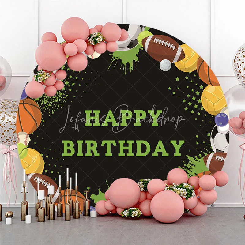 Lofaris Black Sports Ball Happy Birthday Round Backdrop featuring Soccer Football and Basketball Party Decor