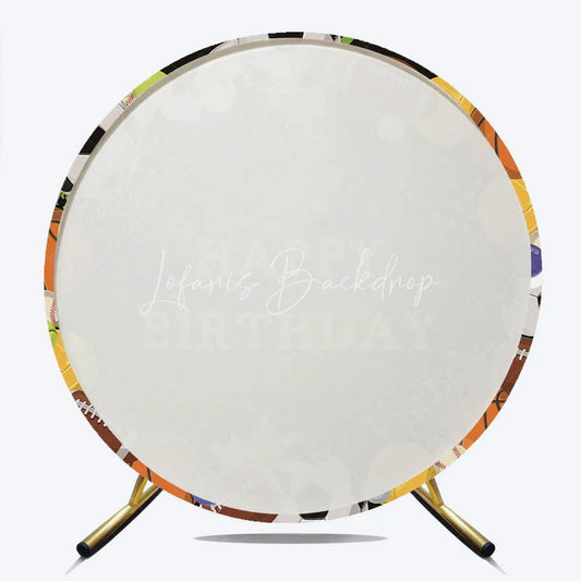 Lofaris Black Sports Ball Happy Birthday Round Backdrop featuring Soccer Football and Basketball Party Decor