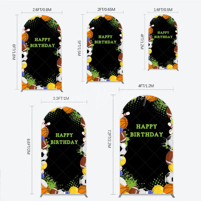 Lofaris Black Sports Theme Happy Birthday Arch Backdrop with Various Balls Green Splatter Stars Decor