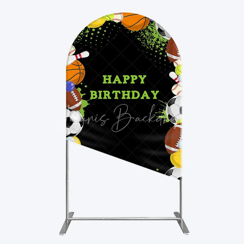 Lofaris Black Sports Theme Happy Birthday Arch Backdrop with Various Balls Green Splatter Stars Decor