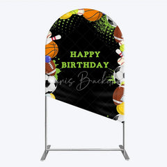 Lofaris Black Sports Theme Happy Birthday Arch Backdrop with Various Balls Green Splatter Stars Decor