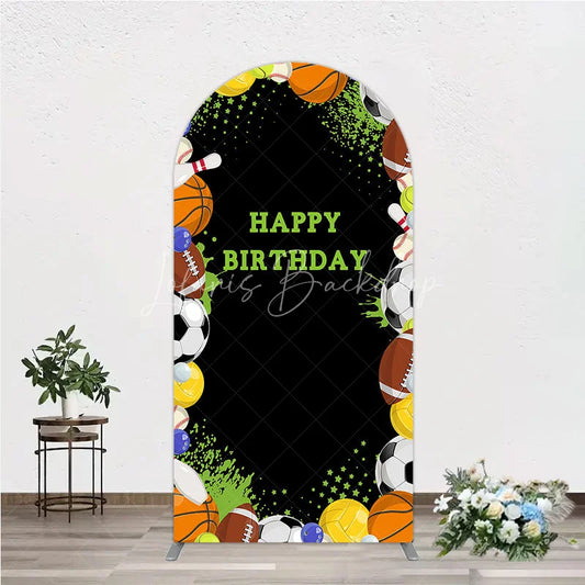 Lofaris Black Sports Theme Happy Birthday Arch Backdrop with Various Balls Green Splatter Stars Decor