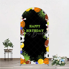 Lofaris Black Sports Theme Happy Birthday Arch Backdrop with Various Balls Green Splatter Stars Decor