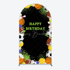 Lofaris Black Sports Theme Happy Birthday Arch Backdrop with Various Balls Green Splatter Stars Decor