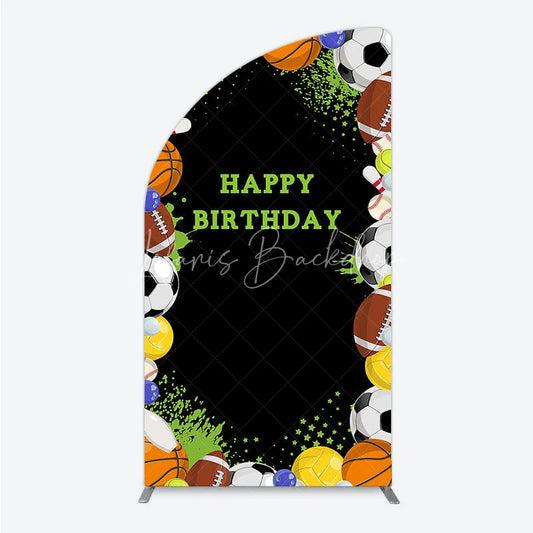 Lofaris Black Sports Theme Happy Birthday Half Moon Arch Backdrop with Various Balls Green Splatter Stars Decor