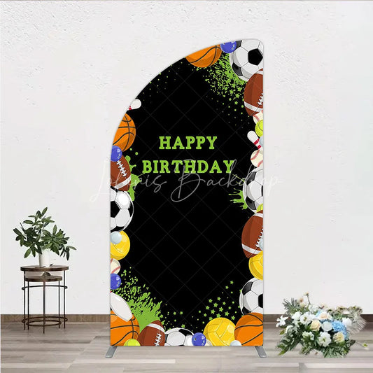 Lofaris Black Sports Theme Happy Birthday Half Moon Arch Backdrop with Various Balls Green Splatter Stars Decor