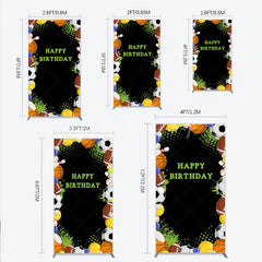 Lofaris Black Sports Theme Happy Birthday Rectangle Backdrop with Various Balls Green Splatter Stars Decor
