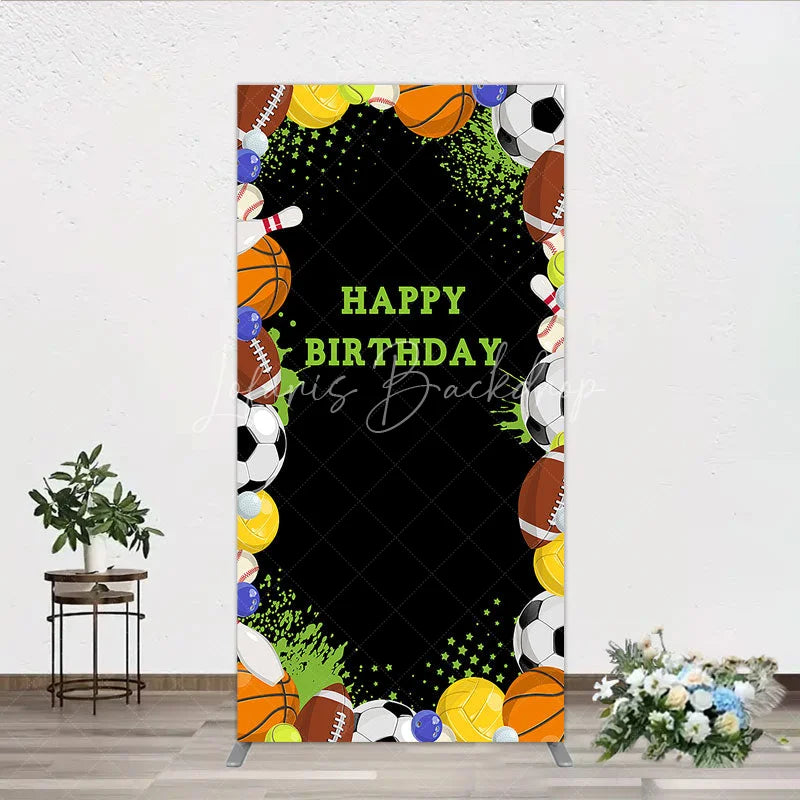 Lofaris Black Sports Theme Happy Birthday Rectangle Backdrop with Various Balls Green Splatter Stars Decor