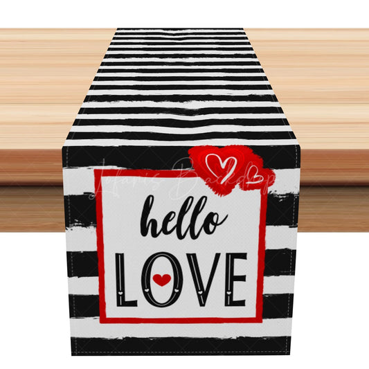 Lofaris Black Stripe Hello Love Valentines Day Table Runner