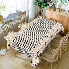 Lofaris Black Striped Orange Floral Border Rectangle Tablecloth Cream Background Fall Flower Modern Farmhouse Dining Table Cover
