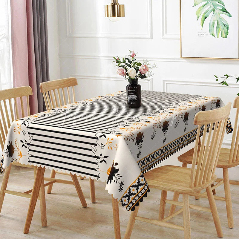 Lofaris Black Striped Orange Floral Border Rectangle Tablecloth Cream Background Fall Flower Modern Farmhouse Dining Table Cover