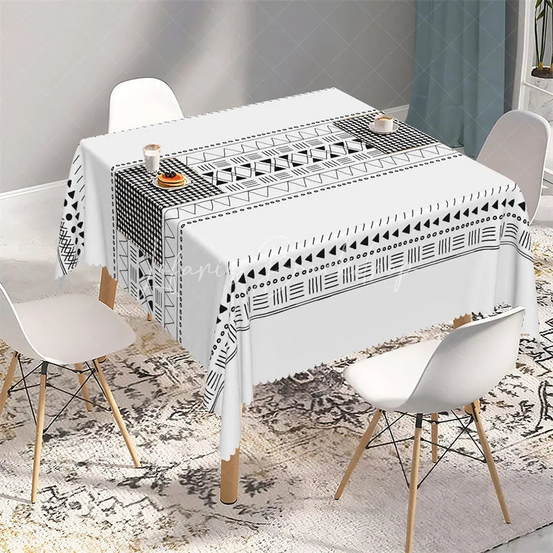 Lofaris Black Tribal Geometric Band Rectangle Tablecloth Modern Boho Pattern Table Cover for Dining