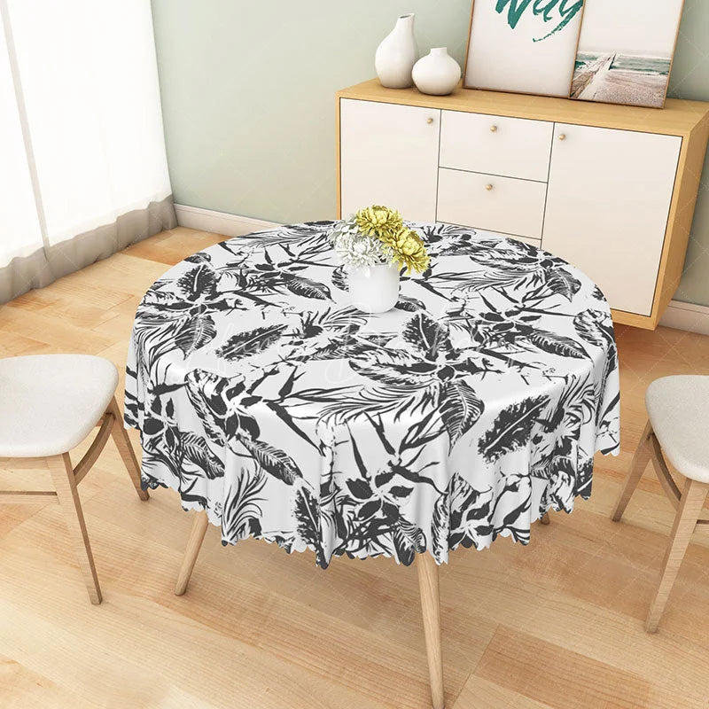 Lofaris Black Tropical Leaf Sketch Round Tablecloth Modern Botanical Jungle Pattern for Summer Decor